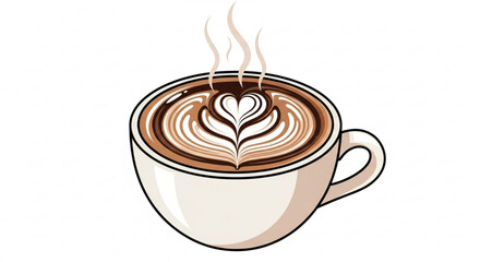 Illustration of a cup of coffee with latte art, , showcasing a beautiful heart shape in the foam, perfect for coffee lovers and cafe designs