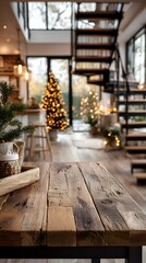Warm decorated Christmas trees stand in the background of a cozy home seen over a rustic wooden table in a bright living room scene.