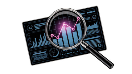 AI-powered data analysis revealing market trends and business growth, visualized with magnifying glass on digital interface.