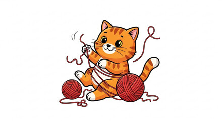 A playful cartoon cat entangled in yarn, , showcasing a cute and mischievous feline having fun with a ball of string