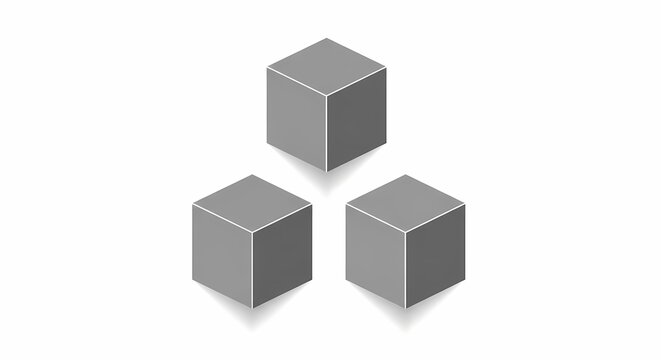 Three Gray 3D Cubes Isometric Geometric Blocks on White Background