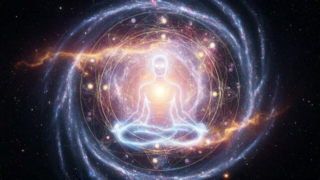 Meditating cosmic figure surrounded by glowing galaxies and sacred geometry patterns, symbol of universal consciousness and spiritual balance