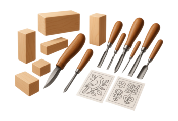 Wood carving kits with wood blocks, tools, and patterns for cottage studio crafting.