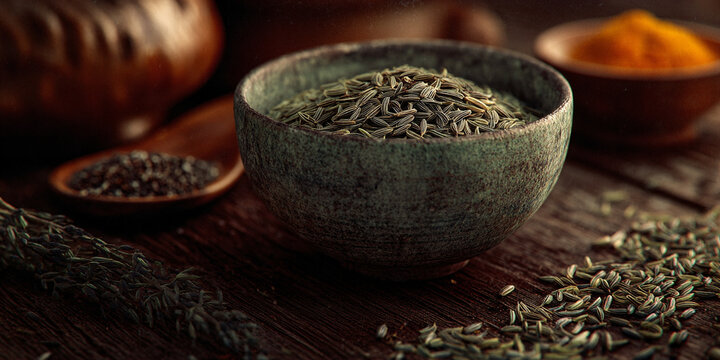 Bowl filled with cumin seeds on rustic wooden table with spices around - AI generated