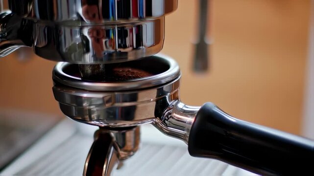 Closeup coffee machine portafilter preparation