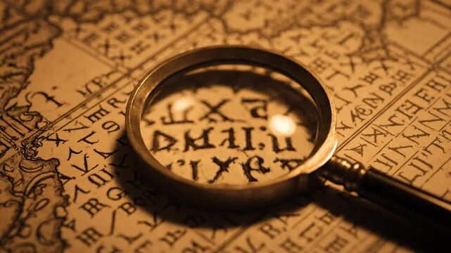 Magnifying glass resting on an old world map revealing ancient cryptic letters and symbols