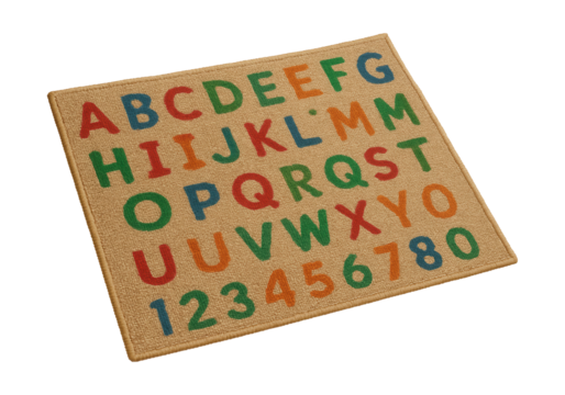 Sustainable jute mat featuring printed letters and numbers for home learning.
