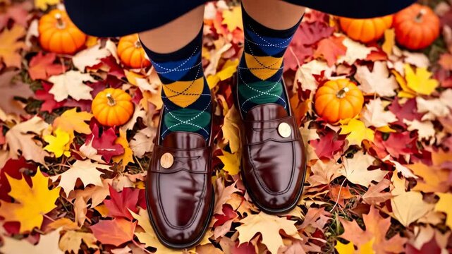 Woman standing in argyle socks and brown loafers on a ground covered with autumn leaves and mini pumpkins, preppy style video