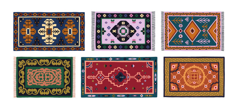 Vintage carpets set. Traditional culture woven rugs, mats with abstract geometric patterns, artisanal ornaments, designs. Flat vector illustrations isolated on white background.