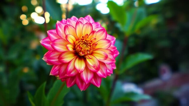 Closeup dahlia flower pink yellow