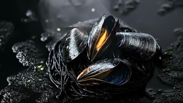 A beautifully styled close-up of black mussels resting atop a bed of dark pasta, showcasing their vibrant orange interiors against the dramatic black backdrop.