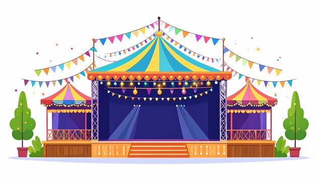 Colorful Circus Tent Stage with Festive Bunting Lights Carnival Fair Outdoor Event