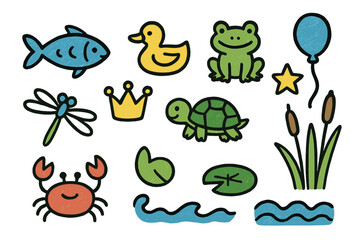 Naklejka premium River Doodle Icon Set. River doodle icon set: hand drawn icons of fish, duck, frog, turtle, crab, dragonfly, crown, star, balloon,
