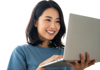 Smiling asian woman engaged with a laptop for online work or study isolated on transparent background