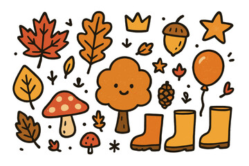 Naklejka premium Autumn Doodle Icons. Fall leaves doodle icon set: hand drawn icons of maple leaf, oak leaf, birch leaf, acorn, crown, star,