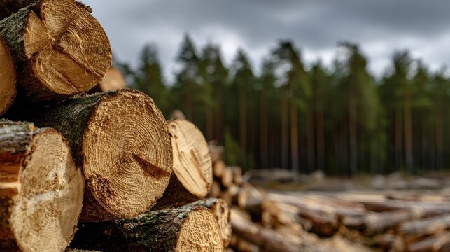 Stacked logs in a forest.