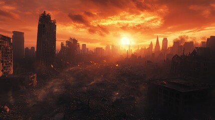 Apocalyptic city landscape with dramatic sky
