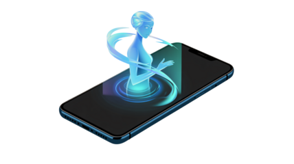 Futuristic holographic woman emerging from smartphone screen, showcasing innovative technology and modern communication solutions for the future