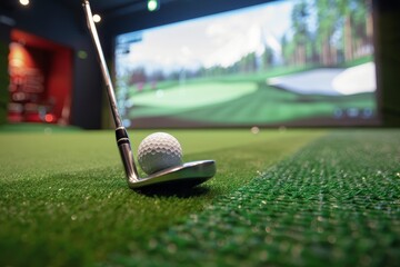 Golf ball and iron club head on green background with LED screen displaying virtual training data, indoor driving range setup, close-up shot.