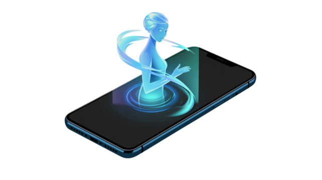 Futuristic holographic woman emerging from smartphone screen, showcasing innovative technology and modern communication solutions for the future