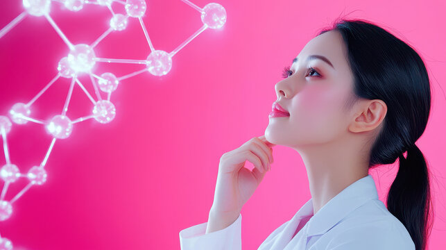 Woman in lab coat gazes thoughtfully at molecular structure against vibrant pink background, embodying curiosity and innovation
