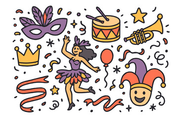 Fototapeta premium Carnival Doodle Icons. Carnival doodle icon set: hand drawn icons of mask, drum, trumpet, crown, star, balloon, ribbon, dancer,