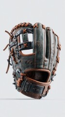 A detailed close up shot showcases a vintage leather baseball glove, featuring intricate stitching and a textured surface with small flecks of orange and brown against a plain, light gray backdrop.
