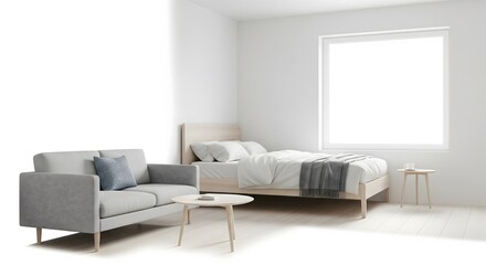Fototapeta premium Minimalist bedroom with a cozy sofa and bed, bright natural light streaming through a large window, and simple wooden furniture, creating a serene and uncluttered living space