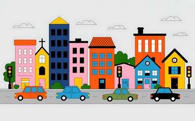 Colorful cartoon cityscape with buildings and cars on a street