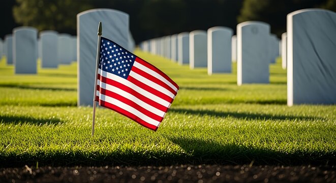 Memorial Day Honoring Fallen Heroes and Veterans with an American Flag at the Cemetery copy space empty