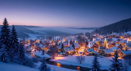 Aerial view of a snow covered village at dusk with christmas lights and a flowing river beneath it
