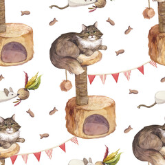Cat sitting on a stand watercolor pattern