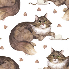 Watercolor pattern with a fluffy cat