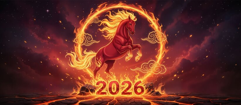 A panoramic illustration of the symbol of 2026, the Fire Horse or Red Horse, jumping through a circle of fire.