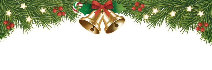 Golden christmas bells with pine branches and lights festive decoration isolated on transparent background