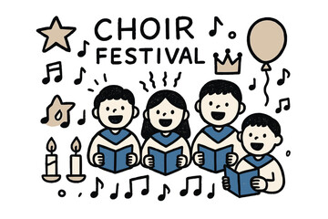 Joyful Choir Celebration. Choir festival illustration doodle style: hand drawn singers with smile, notes, crown, star, balloon,