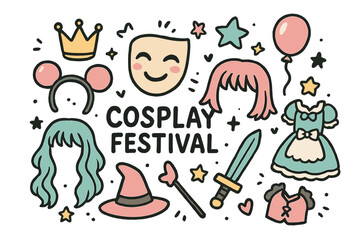 Fototapeta premium Cosplay Festival Doodle. Cosplay festival illustration doodle style: hand drawn anime mask with smile, crown, star, balloon,