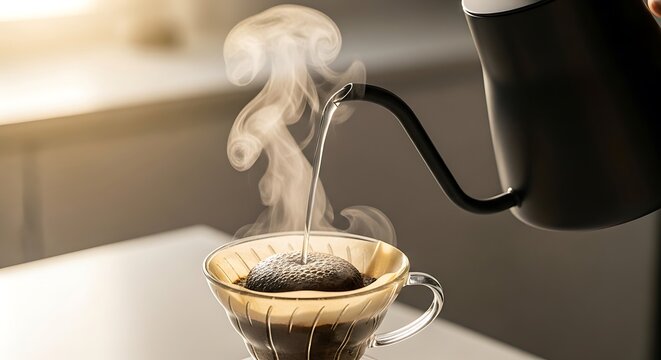 Hot water pouring into coffee dripper