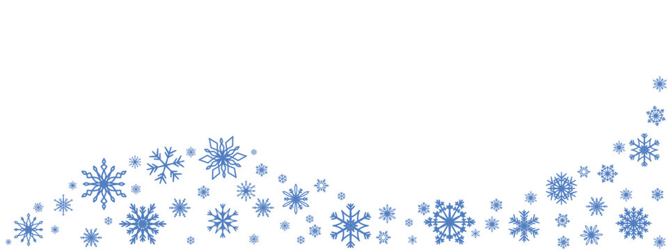 Snowflakes border in wave shape. Blue snowflakes winter holiday background. Copy space. Christmas decoration. Template with a xmas design elements. Snowflakes garland
