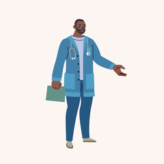 Male doctor. Young smiling black man medic worker in uniform scrub and stethoscope. Flat minimalistic modern design. Vector illustration.
