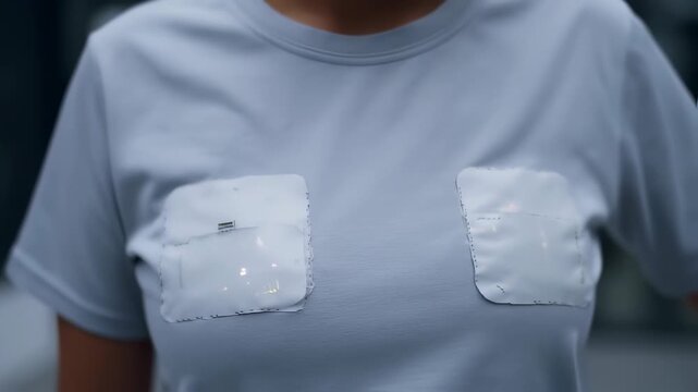 Closeup light gray t shirt with patches