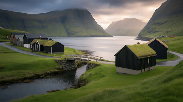 Saksun Village, Faroe Islands Traditional Turf-Roofed Houses in a Dramatic Fjord Landscape. - Powered by Adobe