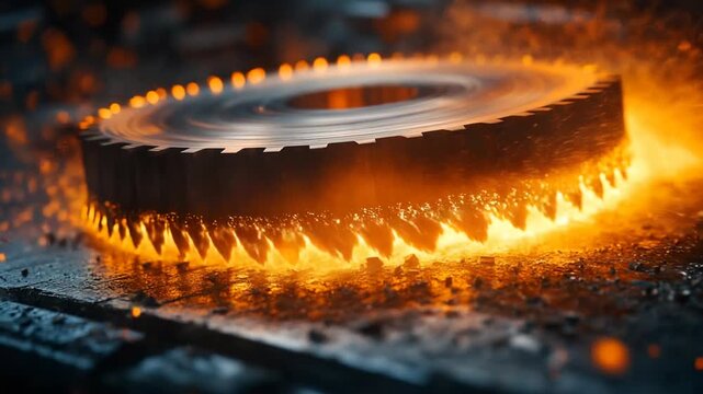 Close up of a glowing hot circular saw blade with sharp teeth.