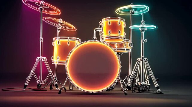 Neon Drum Set in Vibrant Colors Glowing Against Dark Background