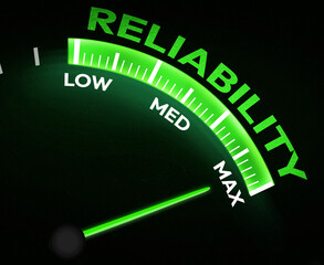Full and maximum reliability concept with green glowing needle going to the max point, bar with text
