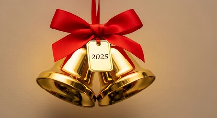 Golden christmas bells with a red bow and a tag with the year two thousand and twenty five written on it