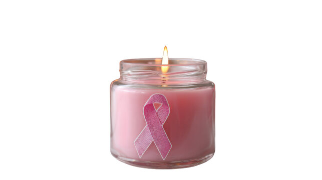 Pink candle with breast cancer awareness ribbon on white background, symbol of hope and support on white background  - Powered by Adobe