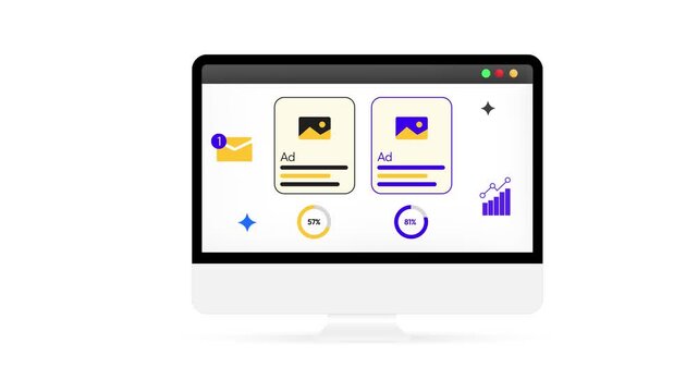 A and B advertisement testing on the computer screen, 4k animation with white backdrop
