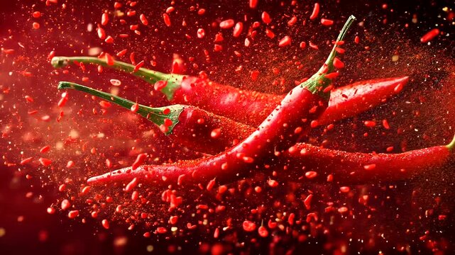Vibrant Red Chili Peppers Surrounded by Red Dust and Spice Particles