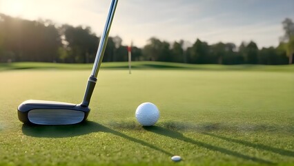 Golf ball near putter on the bright green surface of golf course, symbolizing outdoor leisure, training and sports precision